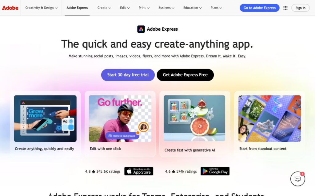 Adobe Express: strona startowa narzędzia (zrzut ekranu)