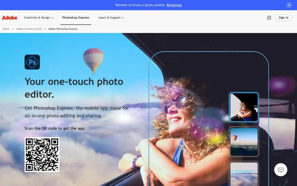 Adobe Photoshop Express: strona startowa narzędzia (zrzut ekranu)
