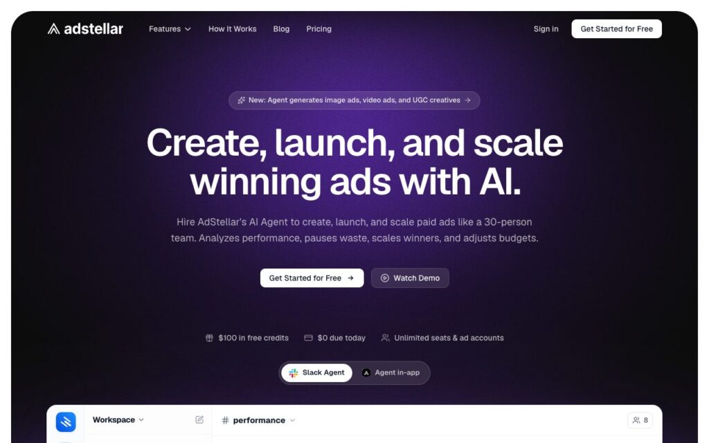 AdStellar AI: strona startowa narzędzia (zrzut ekranu)