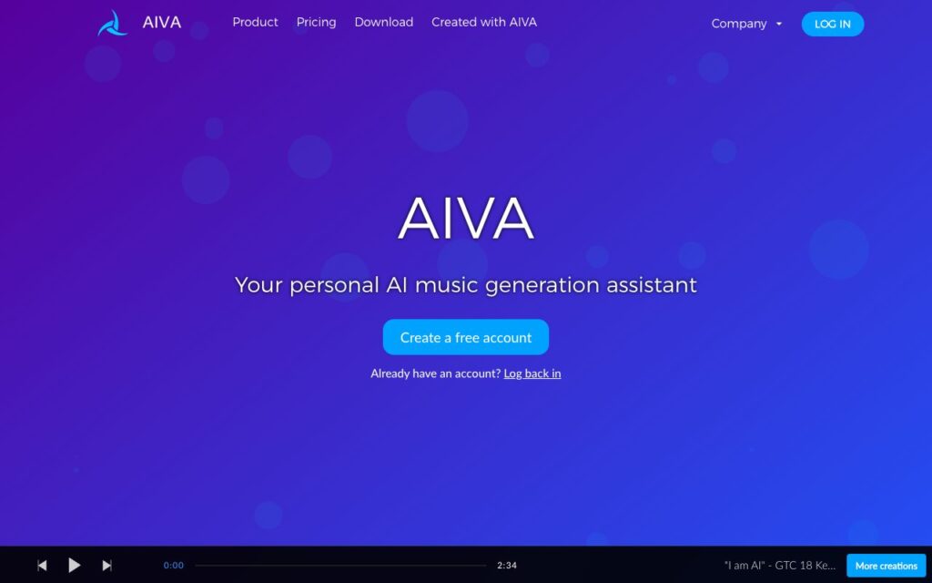 AIVA: strona startowa narzędzia (zrzut ekranu)