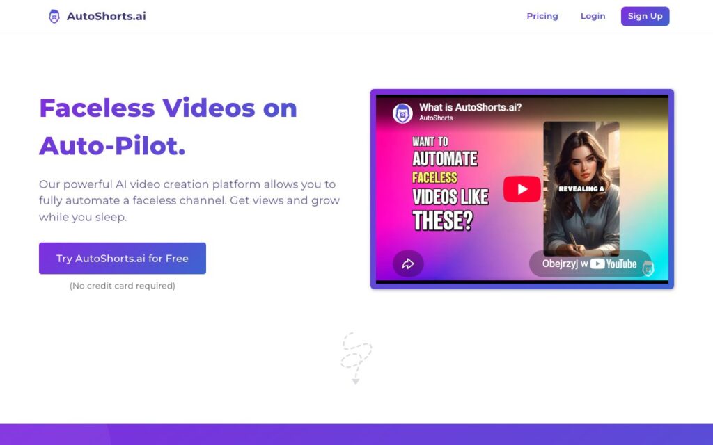 AutoShorts.ai: strona startowa narzędzia (zrzut ekranu)