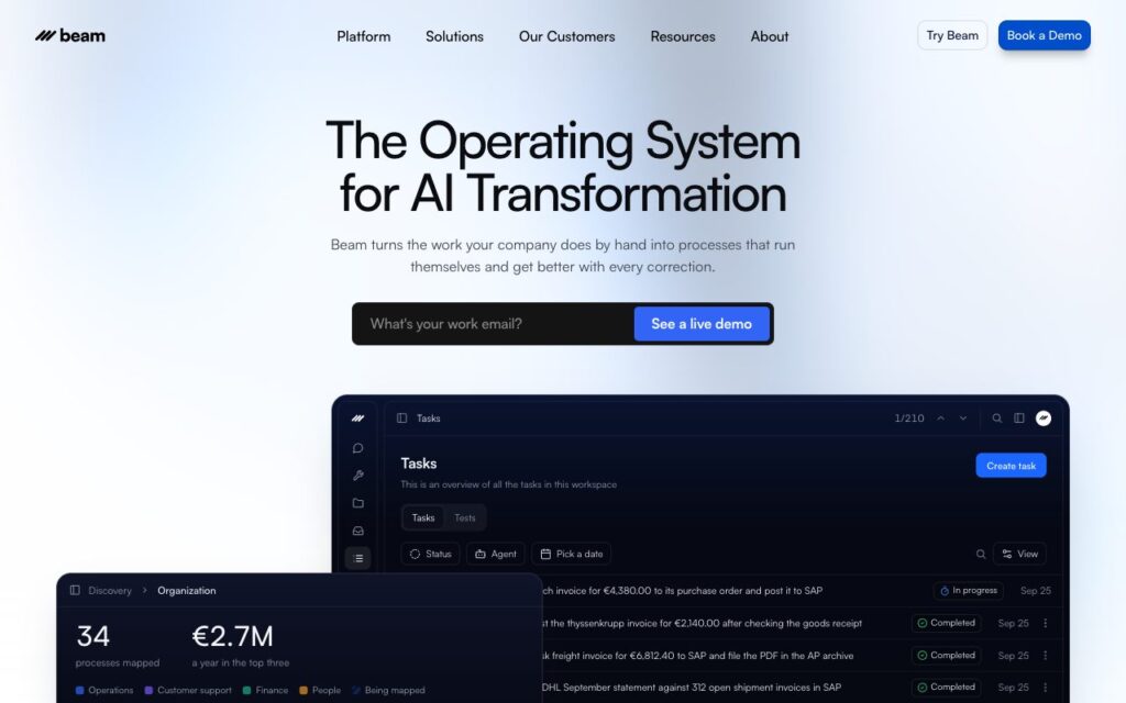 Beam AI: strona startowa narzędzia (zrzut ekranu)