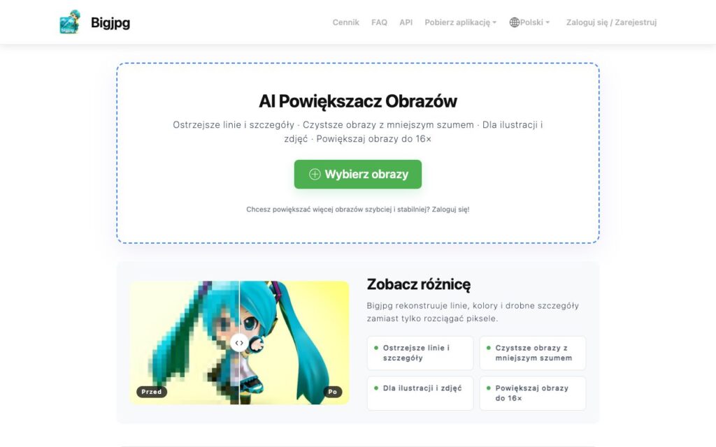 Bigjpg: strona startowa narzędzia (zrzut ekranu)