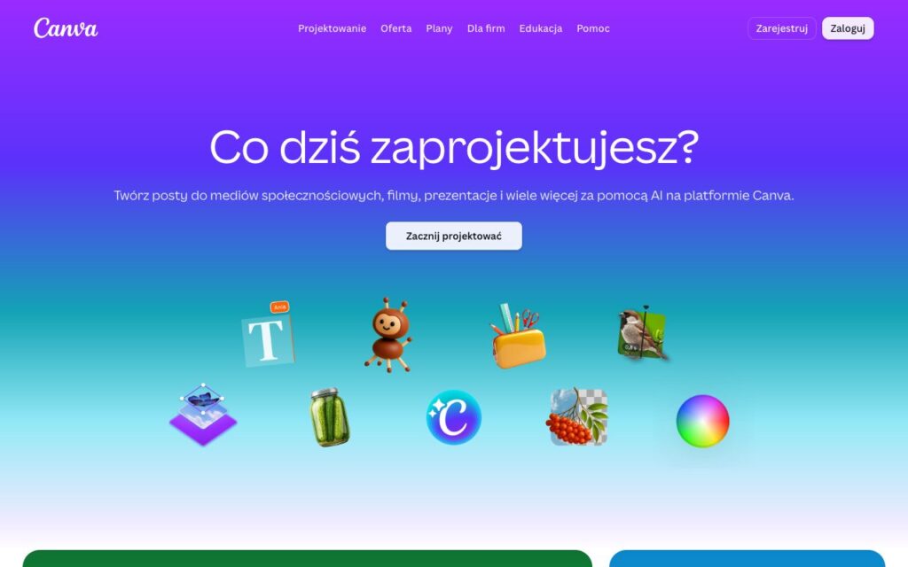 Canva: strona startowa narzędzia (zrzut ekranu)