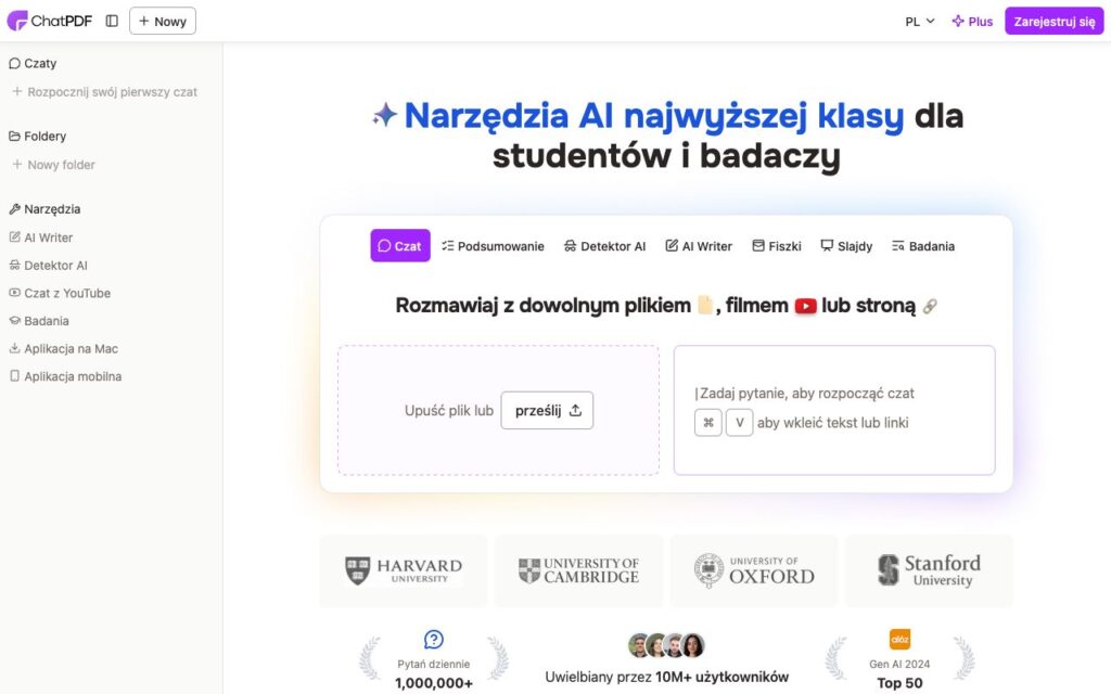 ChatPDF: strona startowa narzędzia (zrzut ekranu)