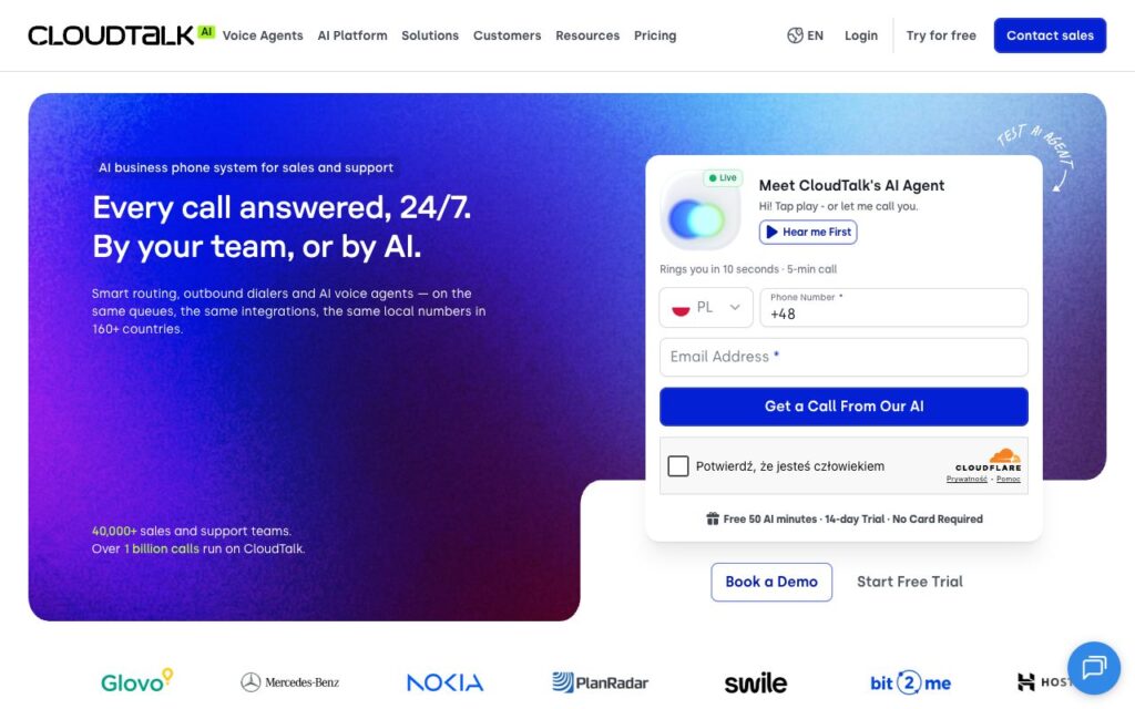 CloudTalk: strona startowa narzędzia (zrzut ekranu)