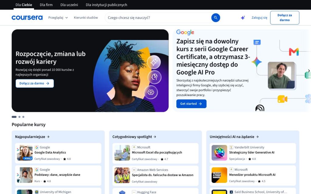 Coursera: strona startowa narzędzia (zrzut ekranu)
