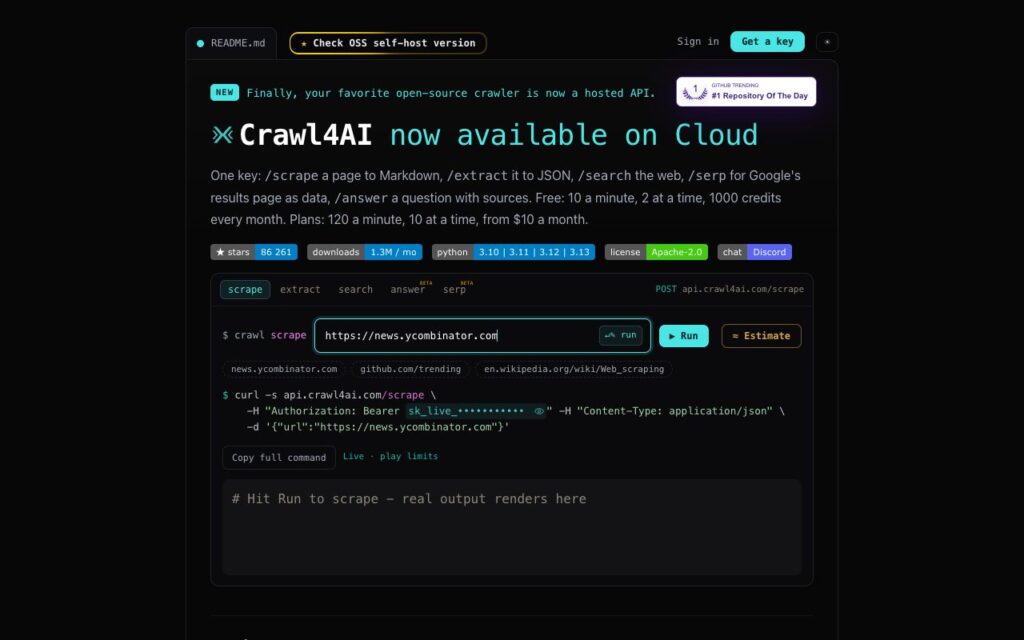 Crawl4AI: strona startowa narzędzia (zrzut ekranu)