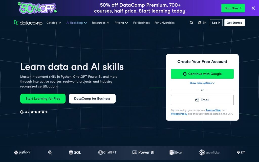 DataCamp: strona startowa narzędzia (zrzut ekranu)