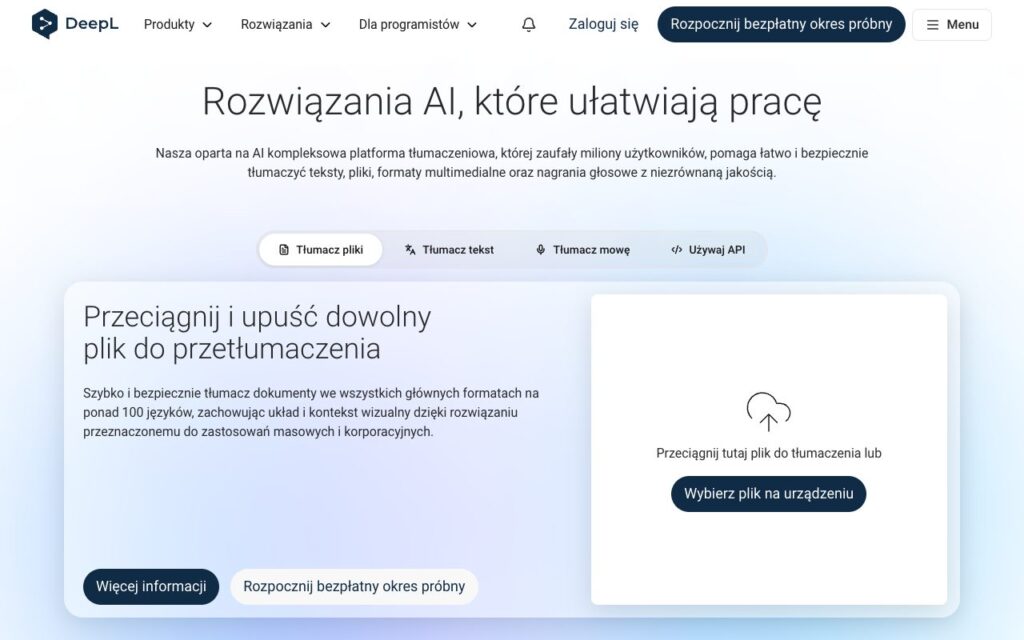 DeepL: strona startowa narzędzia (zrzut ekranu)
