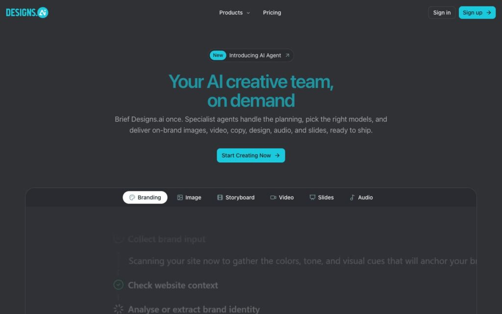 Designs.ai: strona startowa narzędzia (zrzut ekranu)