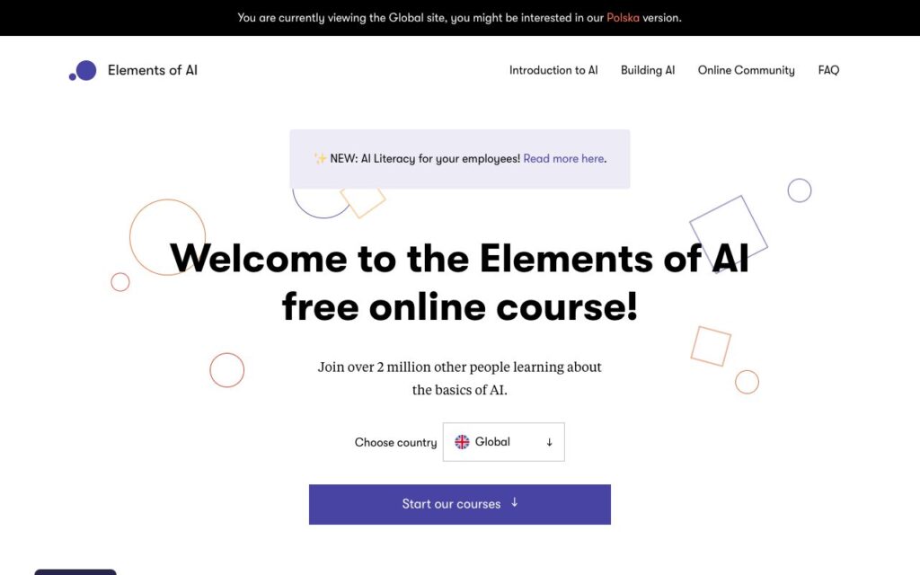 Elements of AI: strona startowa narzędzia (zrzut ekranu)