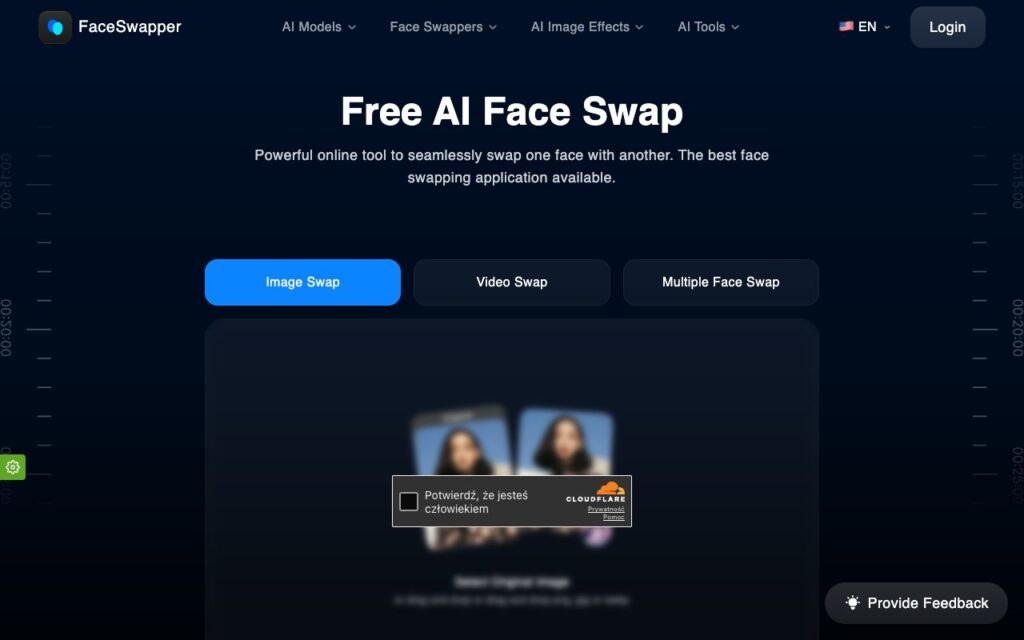 Face Swapper: strona startowa narzędzia (zrzut ekranu)