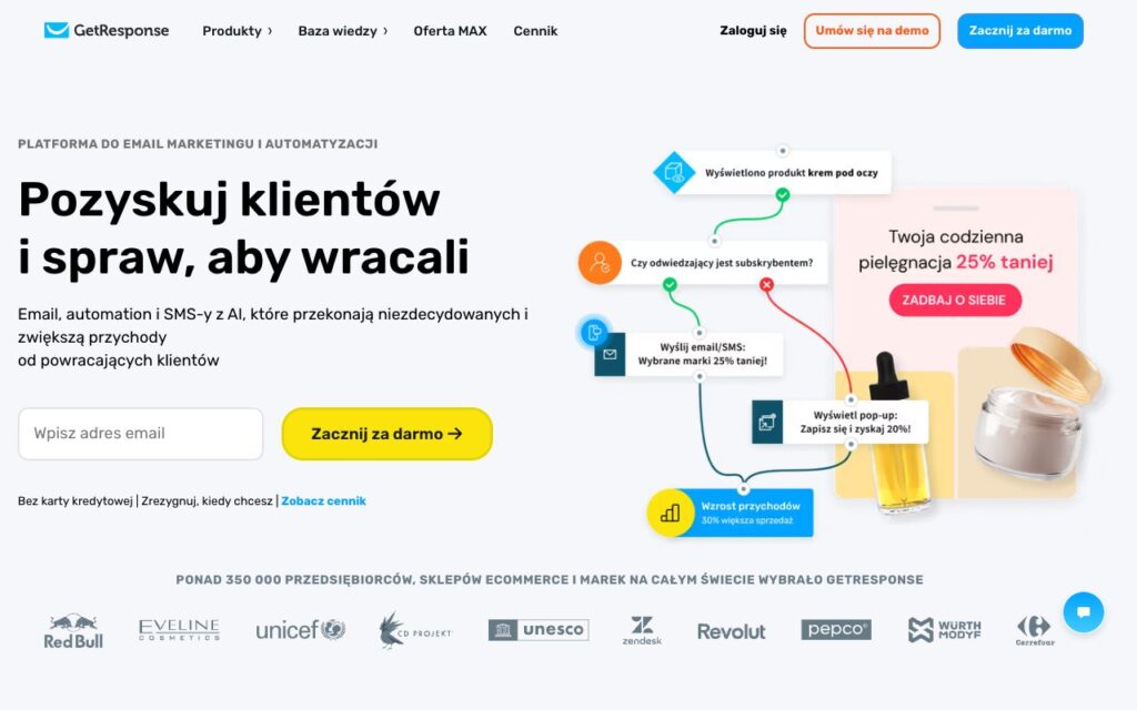 GetResponse: strona startowa narzędzia (zrzut ekranu)
