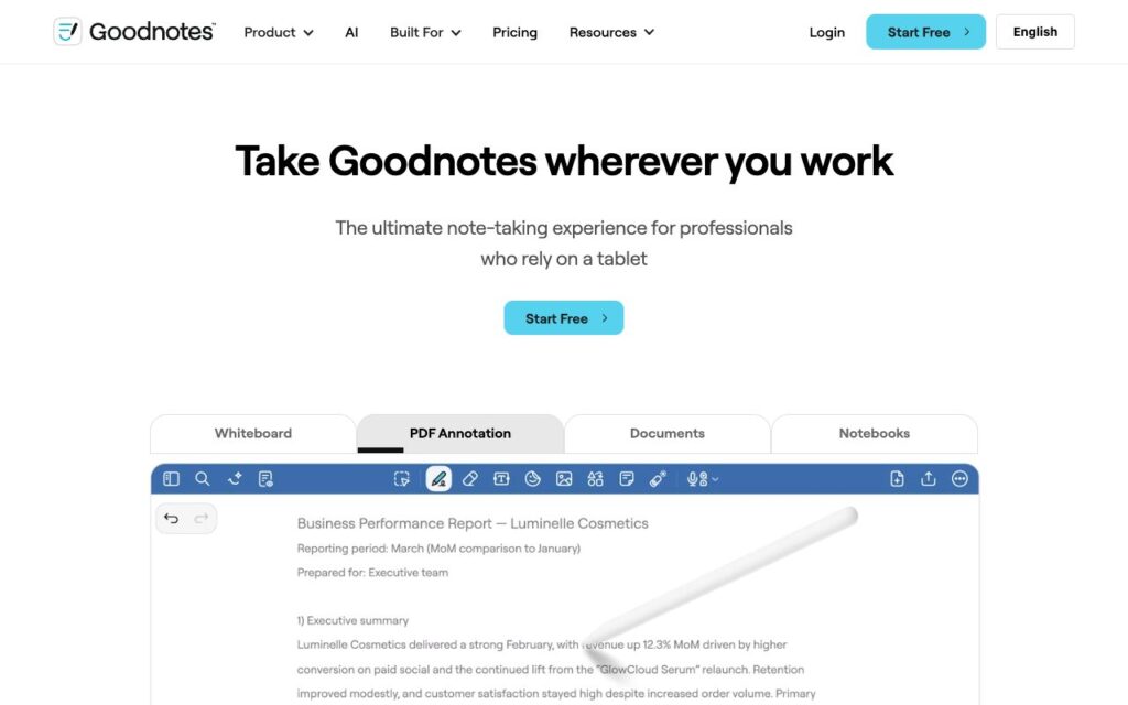 GoodNotes: strona startowa narzędzia (zrzut ekranu)