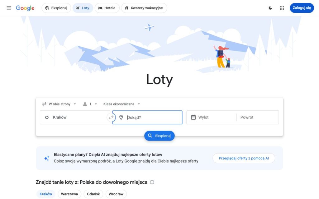 Google Flights: strona startowa narzędzia (zrzut ekranu)