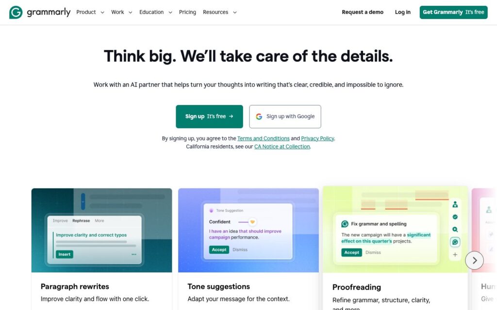 Grammarly: strona startowa narzędzia (zrzut ekranu)