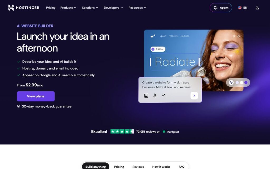 Hostinger Website Builder: strona startowa narzędzia (zrzut ekranu)