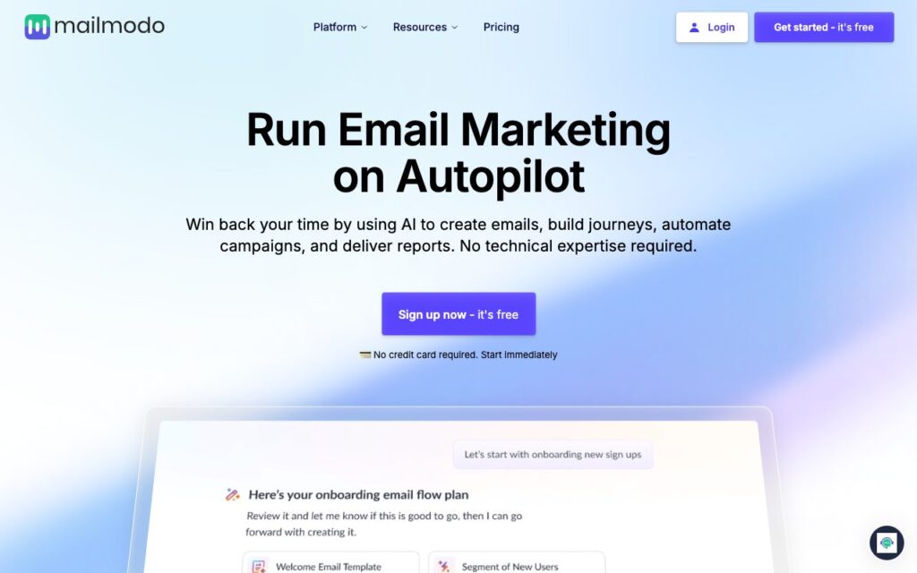 Mailmodo: strona startowa narzędzia (zrzut ekranu)
