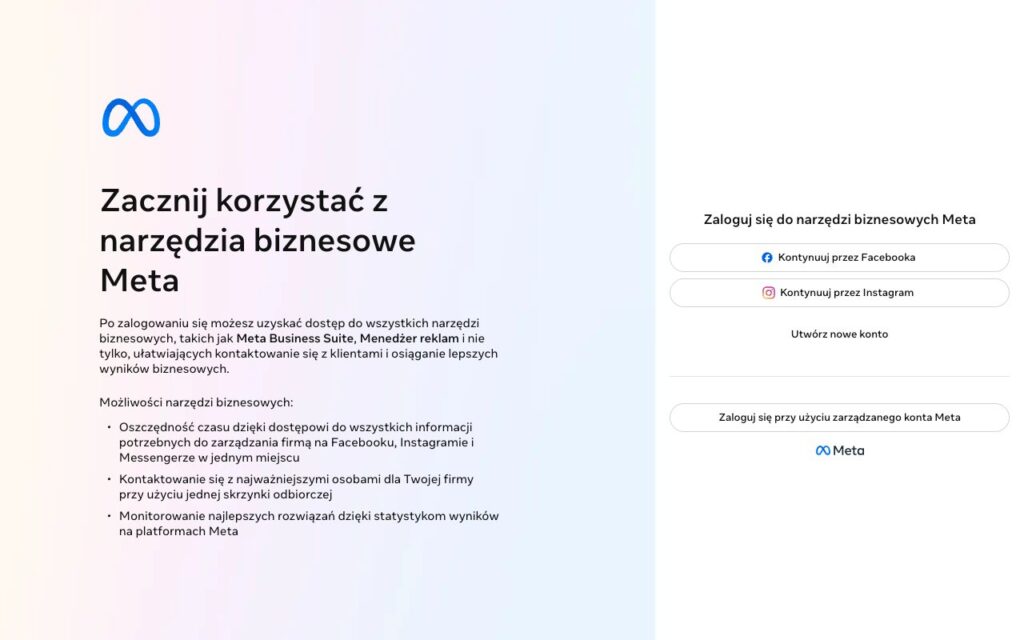 Meta Business Suite: strona startowa narzędzia (zrzut ekranu)