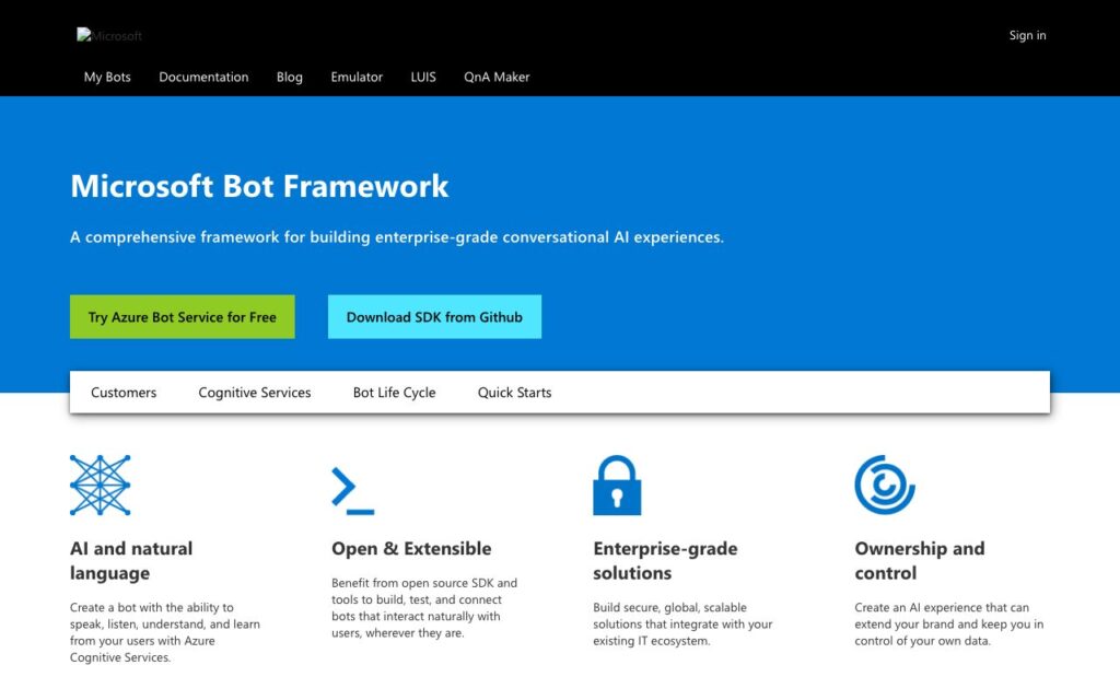 Microsoft Bot Framework: strona startowa narzędzia (zrzut ekranu)