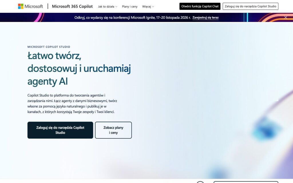 Microsoft Copilot Studio: strona startowa narzędzia (zrzut ekranu)