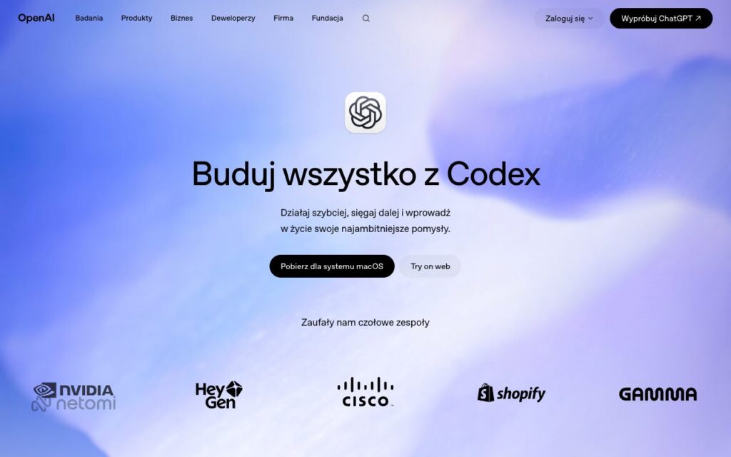 OpenAI Codex: strona startowa narzędzia (zrzut ekranu)