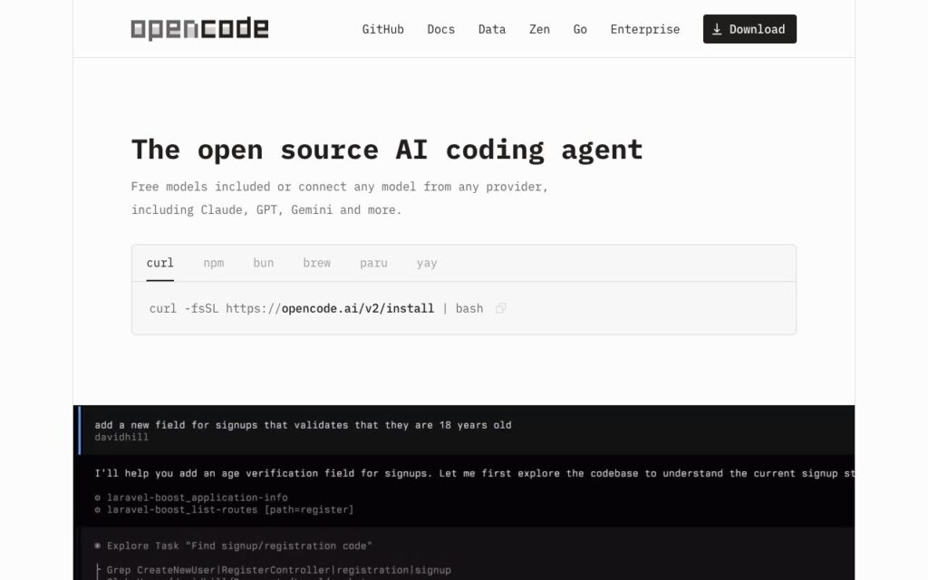 OpenCode: strona startowa narzędzia (zrzut ekranu)