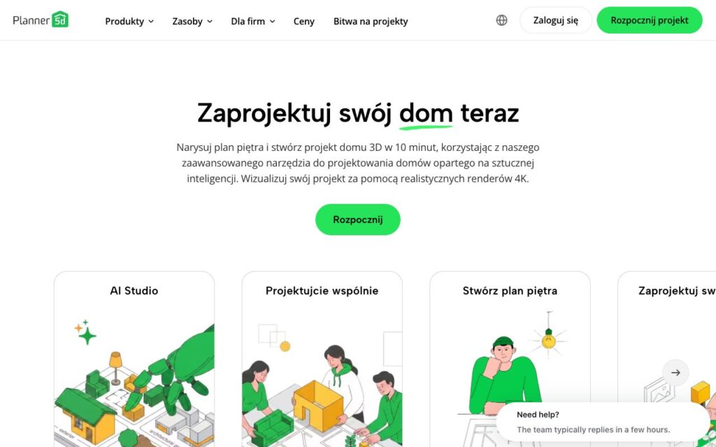 Planner 5D: strona startowa narzędzia (zrzut ekranu)