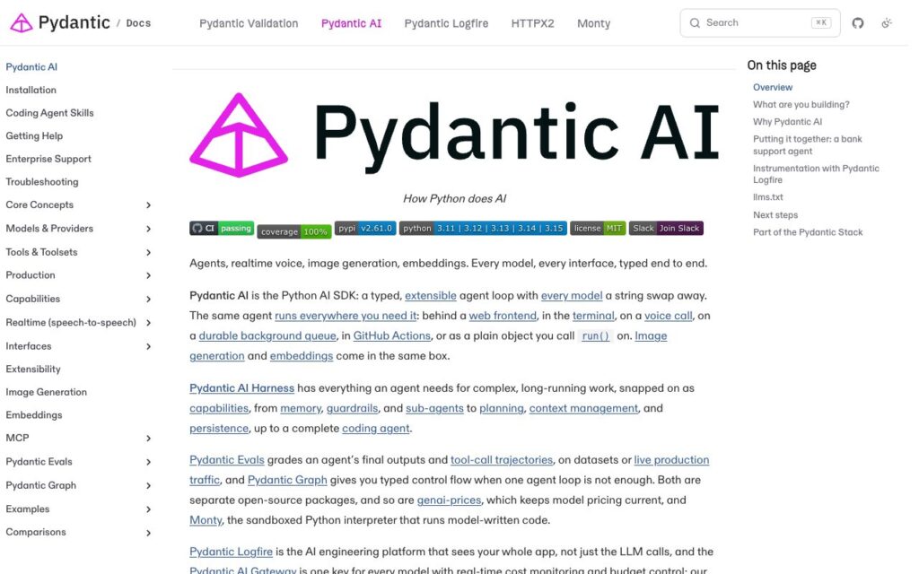 Pydantic AI: strona startowa narzędzia (zrzut ekranu)
