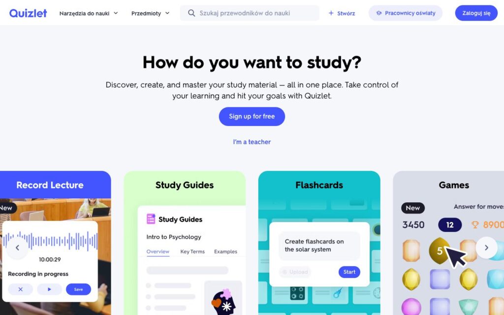 Quizlet: strona startowa narzędzia (zrzut ekranu)