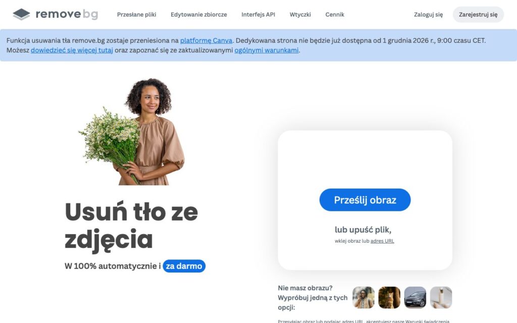 remove.bg: strona startowa narzędzia (zrzut ekranu)