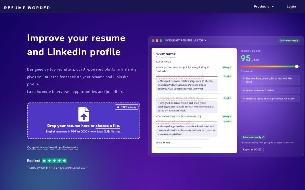 Resume Worded: strona startowa narzędzia (zrzut ekranu)