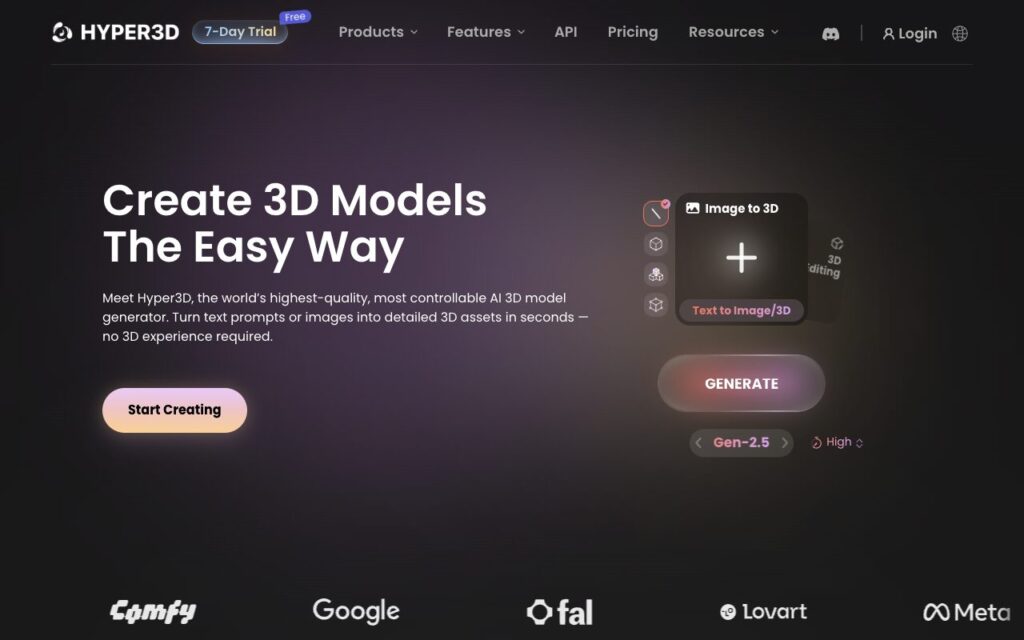 Rodin (Hyper3D): strona startowa narzędzia (zrzut ekranu)