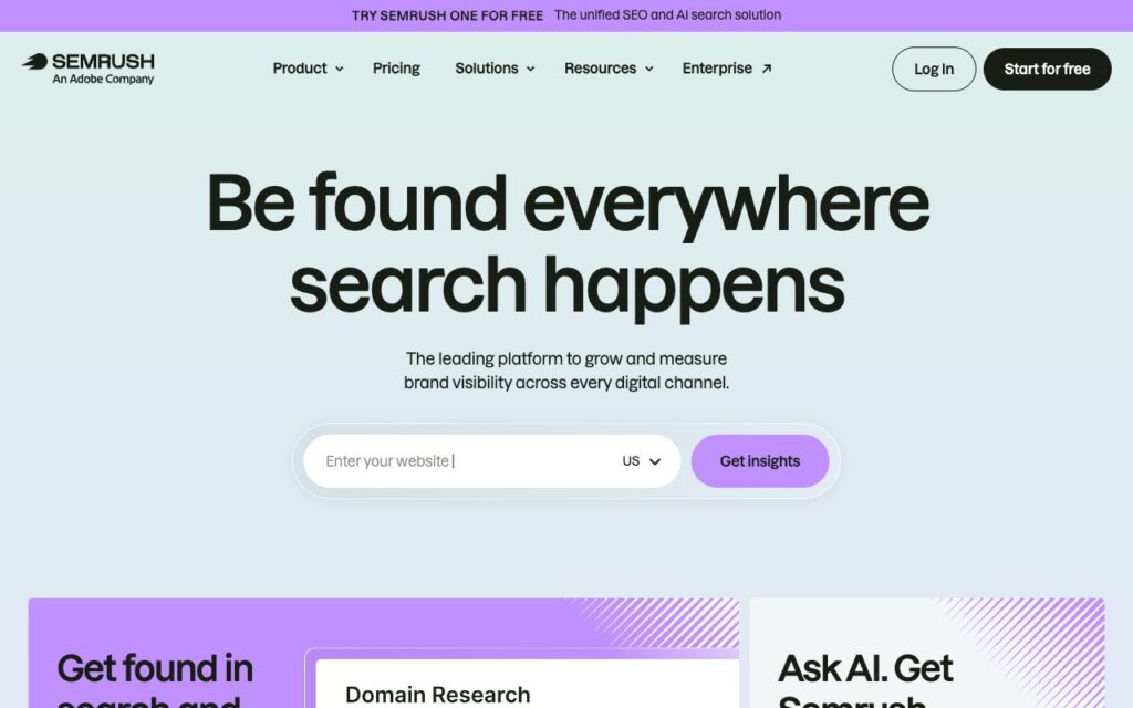 Semrush: strona startowa narzędzia (zrzut ekranu)