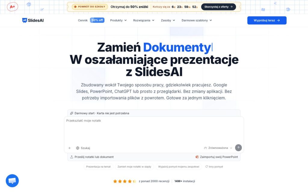 SlidesAI: strona startowa narzędzia (zrzut ekranu)