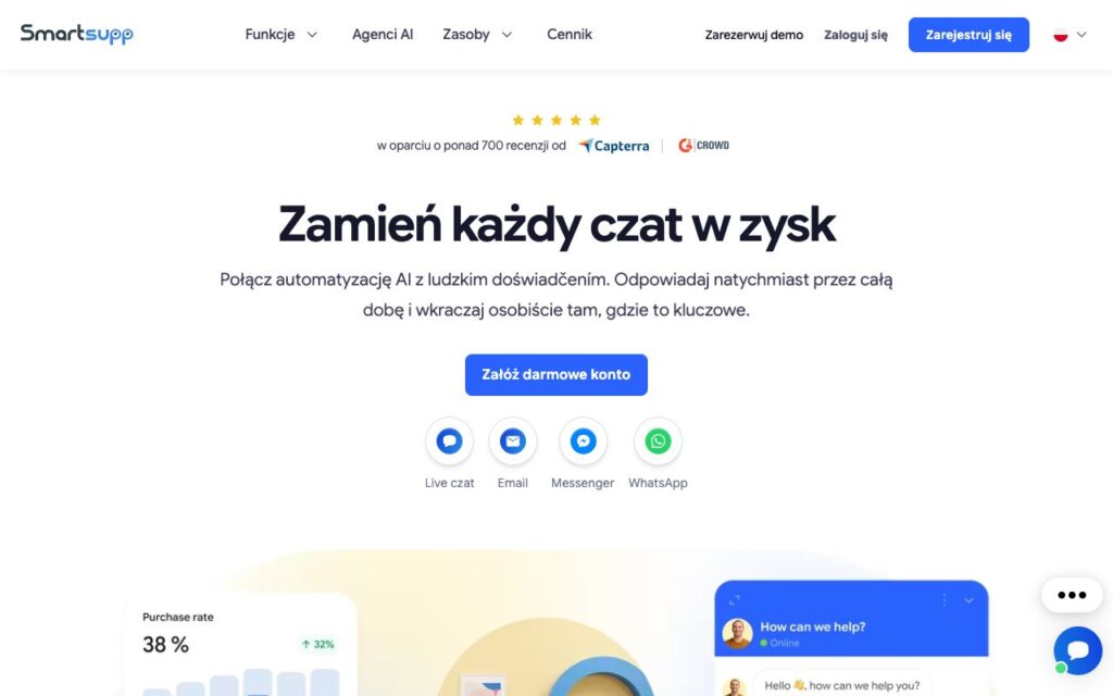 Smartsupp: strona startowa narzędzia (zrzut ekranu)
