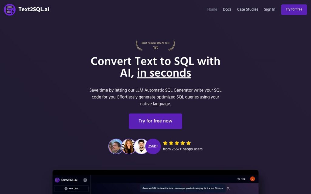 Text2SQL.ai: strona startowa narzędzia (zrzut ekranu)