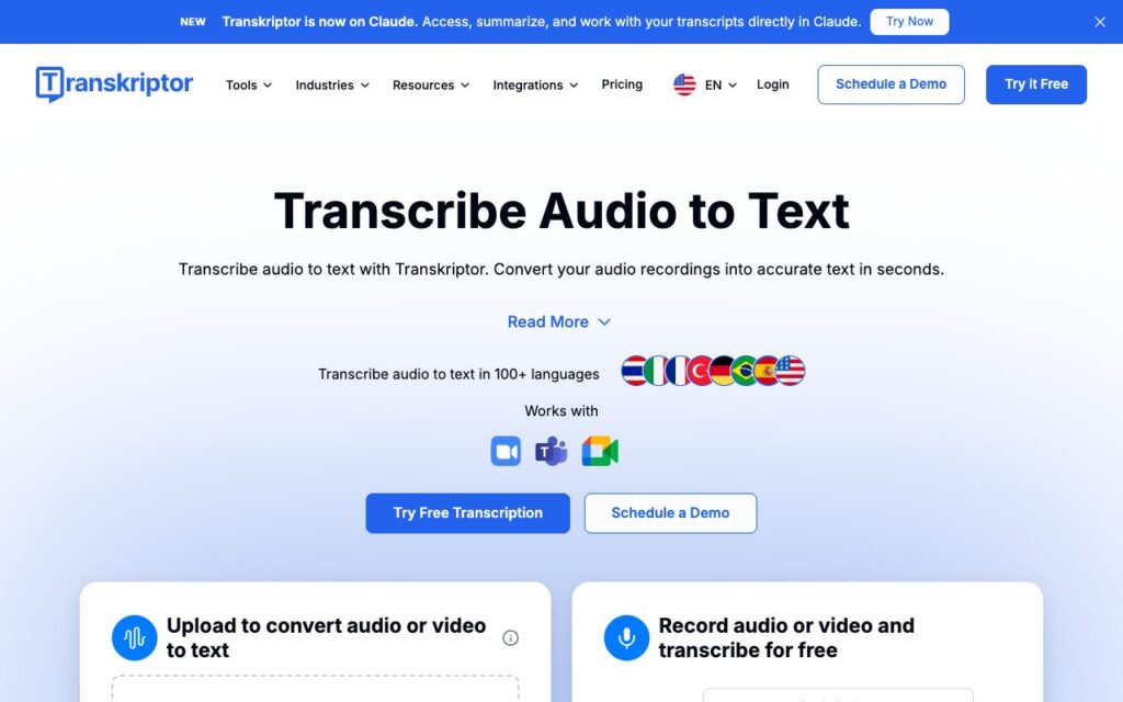 Transkriptor: strona startowa narzędzia (zrzut ekranu)