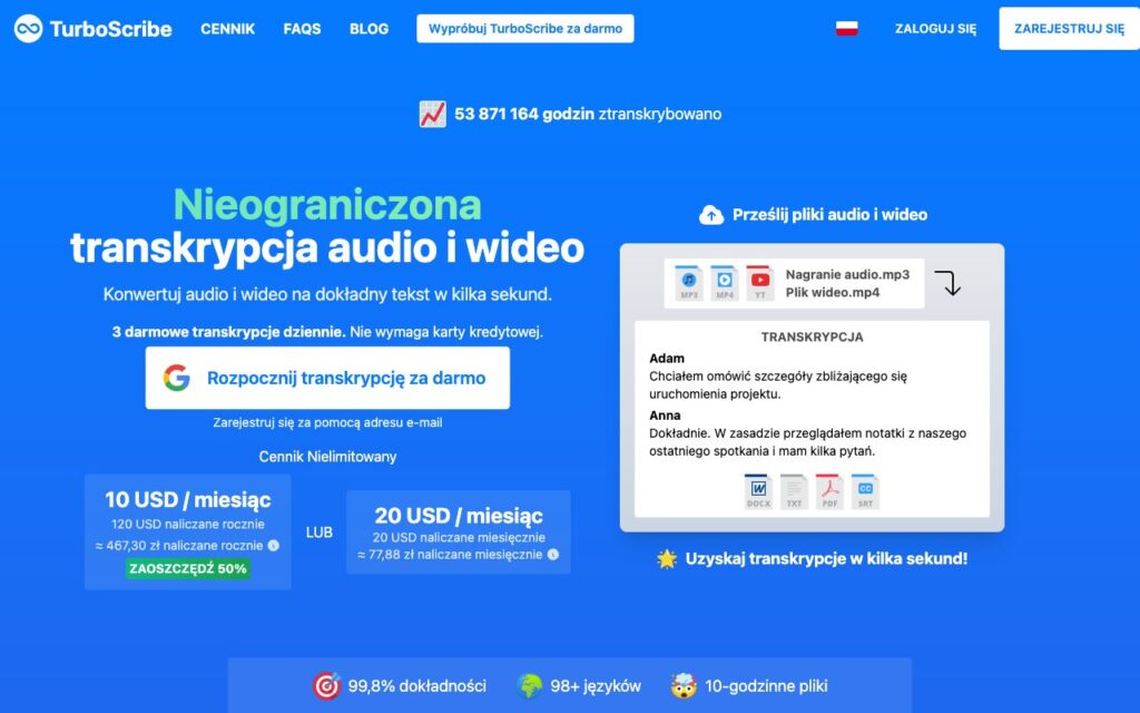 TurboScribe: strona startowa narzędzia (zrzut ekranu)