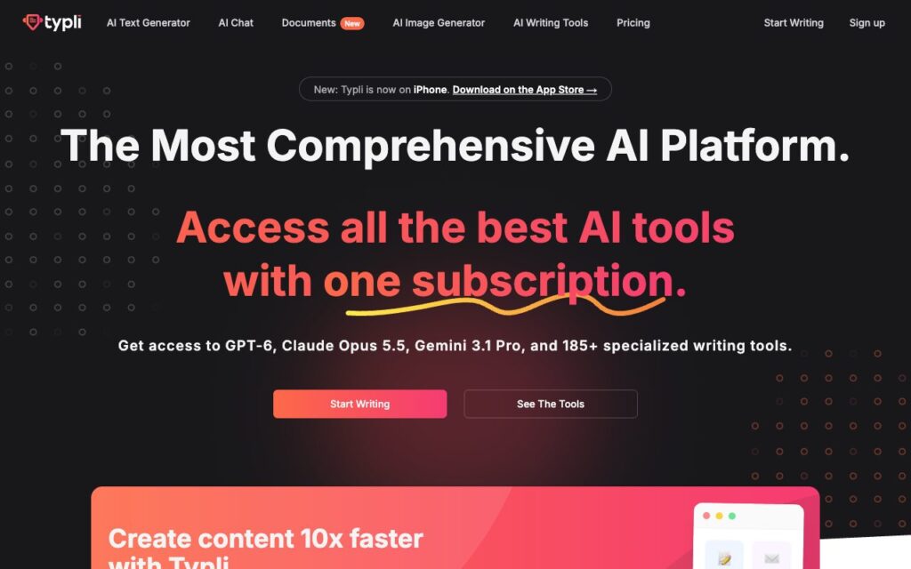 Typli.ai: strona startowa narzędzia (zrzut ekranu)