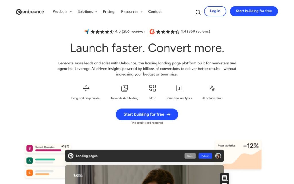 Unbounce: strona startowa narzędzia (zrzut ekranu)