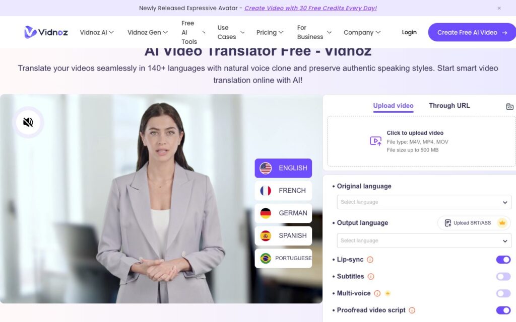 Vidnoz Video Translator: strona startowa narzędzia (zrzut ekranu)