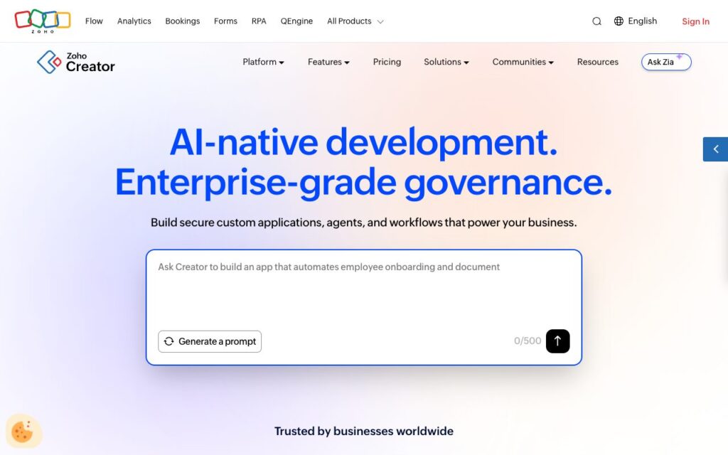 Zoho Creator: strona startowa narzędzia (zrzut ekranu)